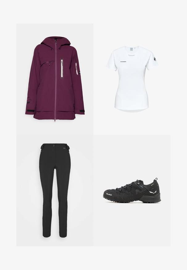 Paarse waterdichte jack met een capuchon, voorkantrits en meerdere geaccentueerde zakken. Voorzien van verstelbare manchetten en een langere achterzoom.; Korte mouwen witte sportshirt met een ronde halslijn, voorzien van een logo op de borst en een gladde, lichte stoftextuur.; Zwarte, strakke broek gemaakt van een flexibel materiaal. Kenmerken zijn onder andere een ritszak aan de zijkant, gebogen knieën en een gladde textuur.; Zwarte wandelschoenen met een bovenkant van textuurstof, een vetersysteem en een robuuste rubberen zool. Verfraaid met reflecterende details en logo's.