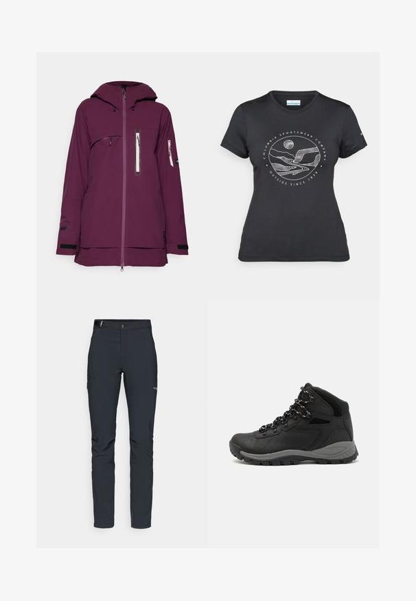 Lilla vandtæt jakke med hætte, frontlynlås og flere lynlåslommer. Har justerbare manchetter og en længere bagkant.; Sort Columbia t-shirt med hvid cirkulær bjerg- og flodlinjekunst samt teksten "Columbia Sportswear Company Udenfor Siden 1938."; Herrers udendørsbukser, mørkegrå, lavet af fleksibelt materiale, med bælte, lynlåslommer og forstærkede syninger.; Sort vandrestøvle med en mellem-højde design, der har en tekstureret overdel, grå detaljer og en holdbar gummisål med skridsikre klodser.