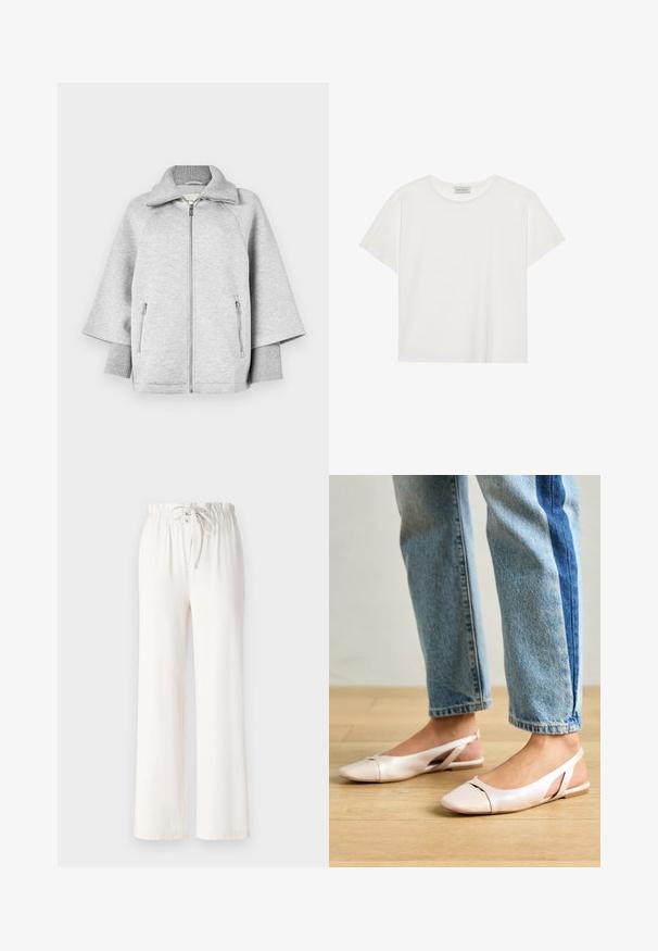 Světle šedá mikina na zip s vysokým límcem, širokými rukávy, žebrovanými manžetami a dvěma předními kapsami na zip. Měkká textura látky.; Bílé tričko s krátkým rukávem vyrobené z měkké bavlny. Má kulatý výstřih a volný střih. Čistý design bez viditelných vzorů nebo akcentů.; Bílé kalhoty s širokými nohavicemi vyrobené z měkké tkaniny, s elastickým pasem na šňůrku a hladkým povrchem. Žádné vzory ani dekorace nejsou viditelné.; Světle růžové slingback baleríny s špičatou špičkou, vyrobené z hladkého koženému materiálu. Obsahují vystřihovací detaily po stranách a plochý podpatek.