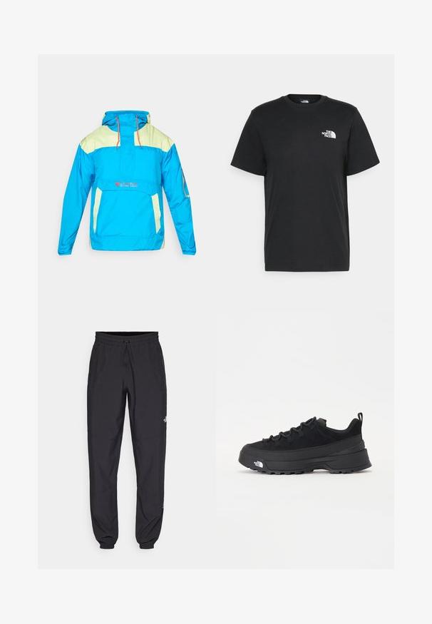Svetlo modra pulover jakna s kapuco, z limoninimi zelenimi detajli, nastavljivo vrvico in sprednjim žepom. Narejena je iz lahkega, vodoodpornega materiala.; Črna bombažna majica s kratkimi rokavi, okroglim izrezom in majhnim belim logotipom na levem prsnem delu. Preprost dizajn, gladka tekstura in sproščen kroj.; Črne atletske hlače iz lahkega materiala, ki imajo elastični pas z vezalko, stranske žepe in zožene manšete na gležnjih.; Črne zunanje teniske s zgornjim delom iz usnja z nubukom, teksturiranim gumijastim podplatom in trdnim vezalnim sistemom. Imajo ojačan petni del in logotip blagovne znamke na strani.