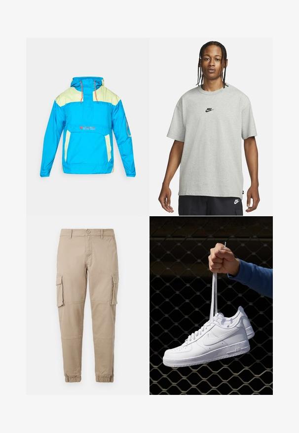 Bright blue pullover jacket with a hood, featuring lime green accents, adjustable cord, and front pocket. Made from lightweight, water-resistant material.; Young person with braided hair wearing a light gray Nike T-shirt and black Nike shorts against a plain white background.; Beige cargo pants in a lightweight cotton material. Features elastic cuffs, multiple side pockets, and a button closure.; White leather sneakers with perforations, round toe, flat sole, and thick laces, featuring a visible swoosh logo and "AIR" on the heel.