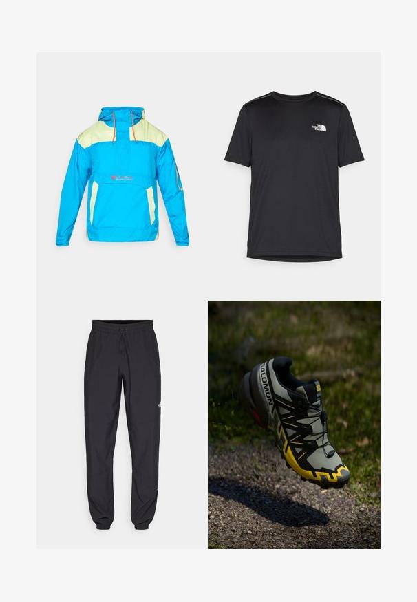 Spožs zils pulovers ar kapuci, ar zaļiem akcentiem, regulējamu cordi un priekšējo kabatu. Izgatavots no viegla, ūdensizturīga materiāla.; Melnas īsām piedurknēm T-kreklas, izgatavots no viegla auduma. Uz kreisā krūtīm ir neliels balts logo un smalki plecu akcenti.; Melni sporta bikses, kas izgatavotas no viegla auduma, ar savelcamu jostu, sānu kabatām un sašaurinātiem apakšējiem galiem pie potītēm.; Salomon skriešanas apavi taku skriešanai pelēkā tonī ar spilgti dzelteniem akcentiem. Iekļauj teksturētu zoli, drošu saistīšanas sistēmu un mīkstinu apkakli.