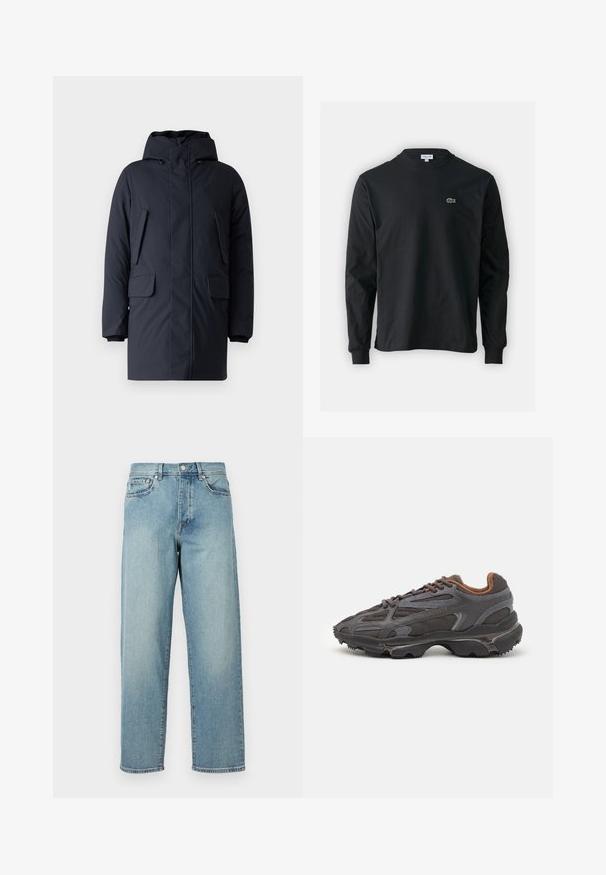 Chaqueta acolchada en color marino con capucha, dos bolsillos frontales con solapa, cremalleras y puños acanalados; fabricada con un tejido suave y duradero.; Camiseta de manga larga negra de algodón, con escote redondo y un pequeño logo de cocodrilo bordado en verde en el lado izquierdo del pecho.; Jeans de mezclilla azul claro con un corte amplio, piernas rectas, diseño de cinco bolsillos y cierre de botón en la cintura. Detalle de costura minimalista.; Zapatillas Lacoste en gris oscuro con material de malla y sintético, que cuentan con una suela texturizada y detalles en marrón en el cuello y la marca.