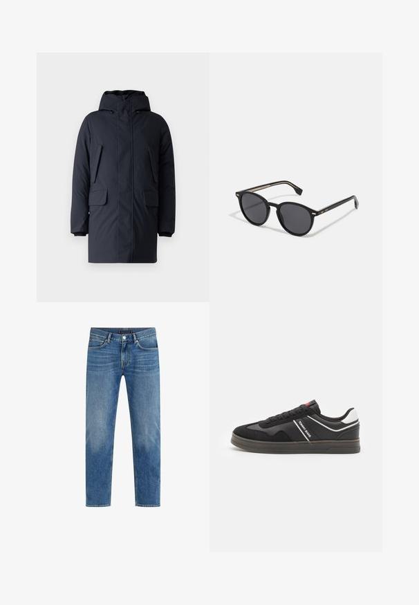 Marineblaue Steppjacke mit Kapuze, zwei vorderen Klappentaschen, Reißverschlüssen und gerippten Bündchen; aus einem glatten, strapazierfähigen Stoff gefertigt.; Rotes Baumwoll-T-Shirt mit kurzen Ärmeln, Rundhalsausschnitt und kleinem Logo auf der linken Brust. Glatte Textur und reguläre Passform.; Hellblaue Denim-Jeans mit geradem Bein, ausgewaschenem Look, fünf Taschen, kontrastierender Nähte und einem vorderen Knopfverschluss.; Tommy Jeans RETRO CUPSOLE - Sneaker low - black; BOSS Sonnenbrille - black