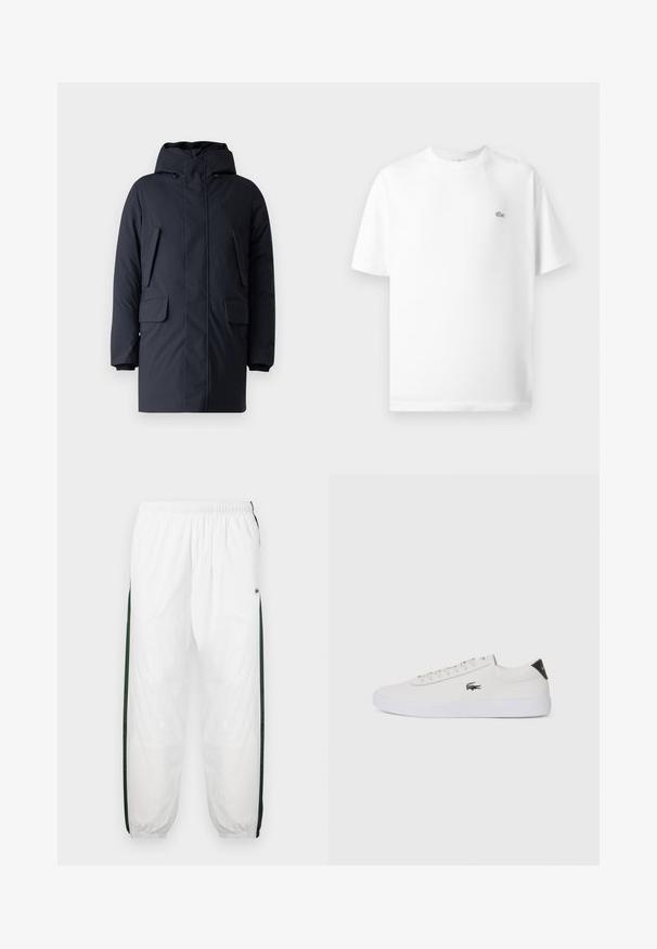 Doudoune marine avec capuche, deux poches à rabat à l'avant, des zips et des poignets côtelés ; fabriquée dans un tissu lisse et durable.; T-shirt en coton blanc avec col rond et manches courtes. Présente un petit logo lacoste noir sur le côté gauche de la poitrine.; Pantalons de sport blancs avec des panneaux latéraux vert foncé. Tissu léger, taille élastique et ourlets côtelés. Présente une texture en maille sur les panneaux latéraux.; Baskets en cuir blanc avec bout rond, devant à lacets et accent en cuir noir au talon. Présente un petit logo de crocodile brodé sur le côté.