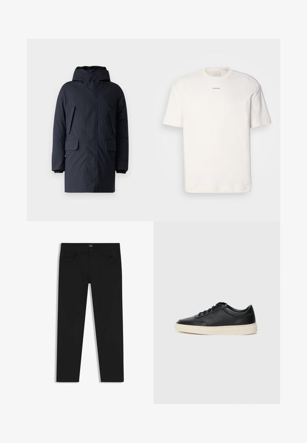 Marineblå pufferjakke med hætte, to frontlommer med klap, lynlåse og ribbede manchetter; lavet af et glat og holdbart stof.; Hvid bomulds T-shirt med rund hals, korte ærmer og broderet "Calvin Klein" logo i midten af brystet. Enkel design.; Sorte denimbukser med lige pasform, der har en standard talje, fem lommer og en knaplukning. Glat struktur over det hele.; Sort lavt top lædersneaker med sorte snørebånd og off-white sål vist i sideprofil på hvid baggrund.