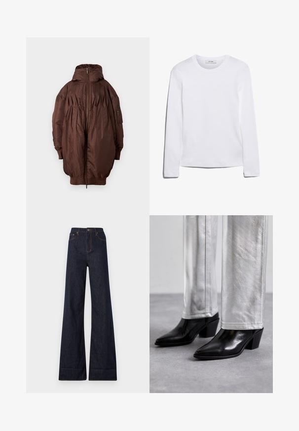Brązowa kurtka puchowa z kapturem, z zamkiem błyskawicznym, plisowanym przodem i ściągaczami na mankietach. Miękka, gładka tekstura z bocznymi kieszeniami.; Biała koszulka z długim rękawem wykonana z prążkowanej bawełny, z okrągłym dekoltem i prostym dołem. Prosty design bez wzorów i akcentów.; Ksubi - Wide leg; Czarne skórzane botki do kostek z ostrym noskiem i słupkowym obcasem, zestawione z błyszczącymi srebrnymi spodniami, podkreślające gładkie tekstury i kontrastujące kolory.