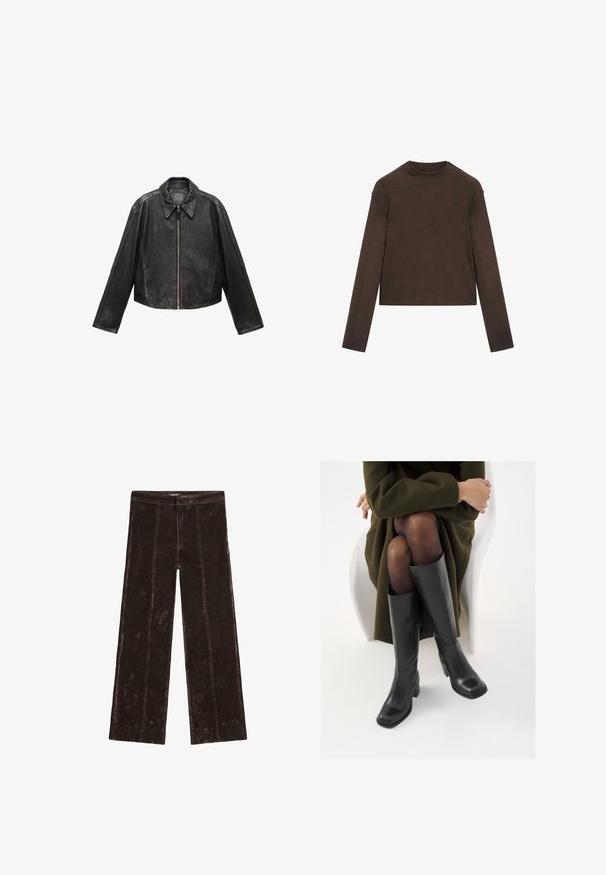 Schwarze Leder-Cropped-Jacke mit großem Kragen, langen Ärmeln und Reißverschluss. Texturierte Oberfläche mit sichtbaren Nahtdetails.; Dunkelbrauner Pullover mit Rundhalsausschnitt und langen Ärmeln, leicht cropped und schlicht, nahtlos gestaltet.; Bequeme weit geschnittene Hosen in Dunkelbraun, mit einer samtartigen Textur, vertikalen Nähdetails und einem elastischen Taillenbund.; Knöchelhöhe schwarze Lederstiefel mit quadrater Spitze und Blockabsatz, gezeigt mit einem Modell, das einen olivgrünen Mantel trägt. Glatte Textur, minimale Details.