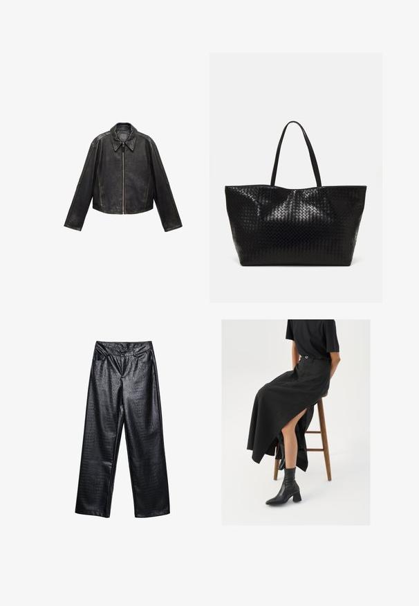 Czarna skórzana kurtka o krótkim kroju z dużym kołnierzem, długimi rękawami i zapięciem na zamek. Teksturowane wykończenie z widocznymi detalami szwu.; Czarna i biała koszula w kratkę z długim rękawem, kołnierzykiem zapinanym na guziki, pojedynczą kieszenią na piersi i luźnym fasonem. Miękka tekstura materiału.; Czarne spodnie z sztucznej skóry o szerokich nogawkach z teksturowanym wzorem krokodyla, z przednimi kieszeniami i zapięciem na guzik w talii.; Czarna lniana spódnica maxi z wysokim rozcięciem, noszona z czarnym t-shirtem i czarnymi botkami sięgającymi kostek. Minimalistyczny design z luźnym krojem.; Czarna pleciona torba na ramię z dwoma mocnymi uchwytami, charakteryzująca się błyszczącą powierzchnią i przestronnym otwartym topem.