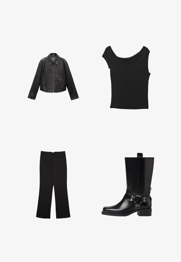 Crna kožna skraćena jakna s velikim ovratnikom, dugim rukavima i zatvaranjem na patentni zatvarač. Teksturna završna obrada s vidljivim šavovima.; Crna majica kratkih rukava od glatkog materijala; ima drapirani izrez i asimetrični donji rub, uz prilagođeni kroj tijela.; Crne hlače ravnog kroja, s prednjim džepovima i bočnim prorezima na rubu. Izrađene od mekog i glatkog materijala. Pogodne za razne prigode.; Crne kožne čizmice do koljena s šiljastim prstima, sličnim srebrnim kopčama i debelim potplatima. Imaju rupicu za lakše oblačenje.