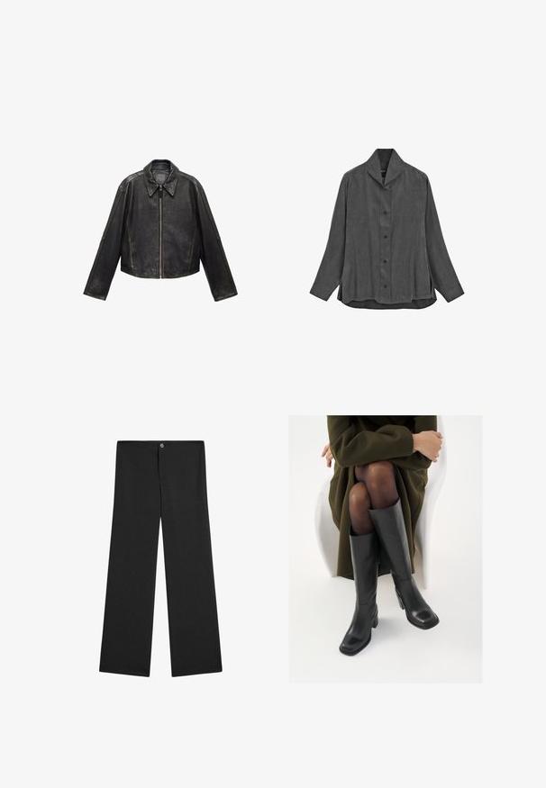 Giacca cropped in pelle nera con ampio colletto, maniche lunghe e chiusura con zip. Finitura testurizzata con dettagli di cucitura in vista.; Camicetta grigia a maniche lunghe con bottoni, realizzata in un morbido tessuto testurizzato, dotata di colletto ripiegato e spacchi laterali per facilitare i movimenti.; Pantaloni a gamba larga neri realizzati in tessuto leggero, dotati di chiusura a bottone, senza motivi visibili e con una texture liscia e uniforme.; Stivali neri in pelle alti fino al ginocchio con punta squadrata e tacco a blocco, mostrati con un modello seduto in un cappotto verde oliva. Texture liscia, dettagli minimi.