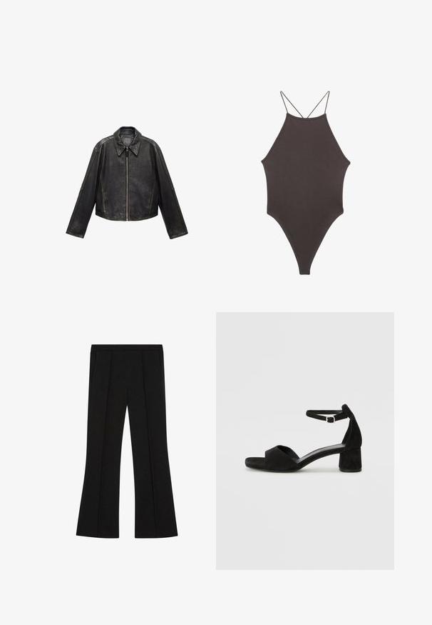 Schwarze Leder-Cropped-Jacke mit großem Kragen, langen Ärmeln und Reißverschluss. Texturierte Oberfläche mit sichtbaren Nahtdetails.; Brauner, hochgeschlossener Badeanzug mit dünnen, verstellbaren Trägern; zeichnet sich durch einen hohen Beinschnitt und eine glatte Textur aus. Keine Muster oder Verzierungen.; Schwarze maßgeschneiderte Hose mit hoher Taille, vorderen Falten, Seitentaschen und einem leichten Schlag an den Beinen.; Schwarze Wildleder-Espadrilles mit einem dünnen Knöchelriemen, offener Zehenpartie und moderatem Blockabsatz. Glatte Textur und minimale Akzente.