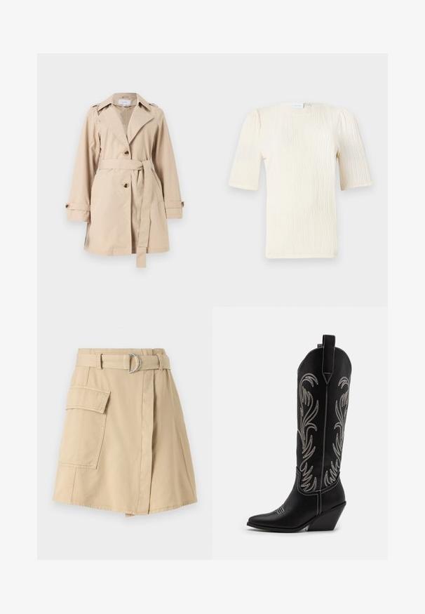 Bežs trencs, kas izgatavots no gludas auduma, ar jostu viduklī, lielām atlasēm un diviem pogām priekšpusē. Īsas piedurknes ar aprocēm.; Īsām piedurknēm izgatavota krēmkrāsas blūze ar teksturētu viļņu rakstu. Apaļš dekoltē un smalki savilkti detaļas uz piedurknēm. Viegls audums.; Beigā kokvilnas svārki ar sānu kabatu, jostas daļa ar sudraba gredzenu un vieglu A formas siluetu. Gluda tekstūra un vienkāršs dizains.; Melnas ādas kovboju zābakus ar norādītām pirkstiem, sānām paceltu papēdi un sudraba izšūtām ziedu rakstiem gar zābaka kāju. Kontrasta dūrieni visā zābakā.