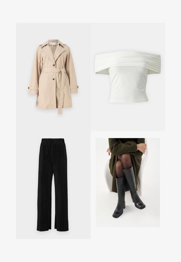 Bežne nugadee mähä, mis on valmistatud siledast kangast, millel on vööuga talje, suured kraed ja kaks nuppu ees. Lühikesed varrukad mansettidega.; Õlavarrelt avatud valge topp, millel on volditud, struktureeritud kaelus ja istuv bodi. Valmistatud pehmest kangast, millel on sile tekstuur.; Mustad pleekitud püksid elastse vöökohtaga. Omavad laiad jalad ja sujuvat, tekstureeritud kangast vertikaalsete triipudega.; Knee-high mustad nahast saapad nelinurkse varbaga ja plokilise kontsaga, esitatud mudeli kõrval, kes istub oliivirohelises mantlis. Sujuv tekstuur, minimaalne detailide arv.