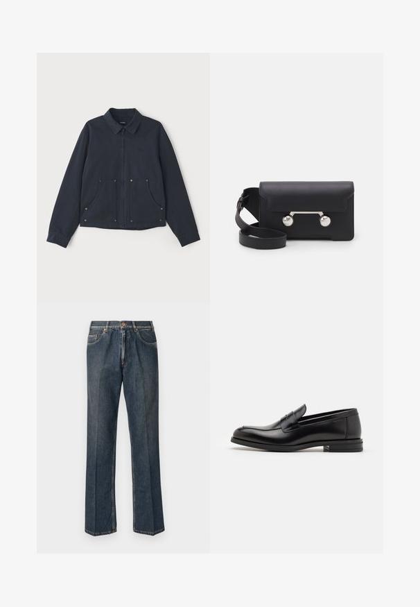 Tumed sinine jakk, mis on valmistatud kangast, seda iseloomustab eest lukuga kinnitamine, terav krae, kaks suurt eesmist taskut ja diskreetne logo tikand.; Kreemivärvi kudumiga sviiter polo krae, sooniküttega varrukate ja äärega, ees klappi ja pehme tekstuuriga.; Tumedast sinised sirged teksapüksid, millel on ees nupp, tõmblukk, kaks eesmist taskut ja nähtavad vertikaalsed kortsud pükste jalgu pidi.; Mustad mustad nahast loafers sileda tekstuuriga, ümarat ninaosa ja dekoratiivne riba vampi üle. Madal kihiline konts, minimalistlik disain.; Must со хsaid crossover kottiga black nahka, mis on varustatud klapiga sulgemisega, hõbedased detailid ja kaks ümmargust aksessuaar. Omab eemaldatavat rihma. Sile tekstuur.