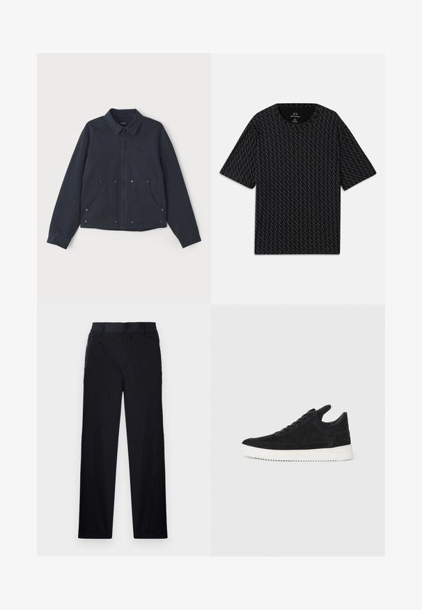 Giacca blu navy in tessuto, con chiusura a zip sul fronte, colletto a punta, due ampie tasche anteriori e ricamo del logo discreto.; T-shirt nera con un motivo testurizzato di loghi 'A' alternati, maniche corte e scollo rotondo. Realizzata in tessuto leggero.; Pantaloni neri realizzati in un tessuto leggero e strutturato, con taglio dritto, vita elasticizzata e tasche laterali con zip.; Sneaker in suede nero con suola in gomma bianca, caratterizzato da cuciture tonali e design con lacci. Texture liscia con una forma moderna e aerodinamica.