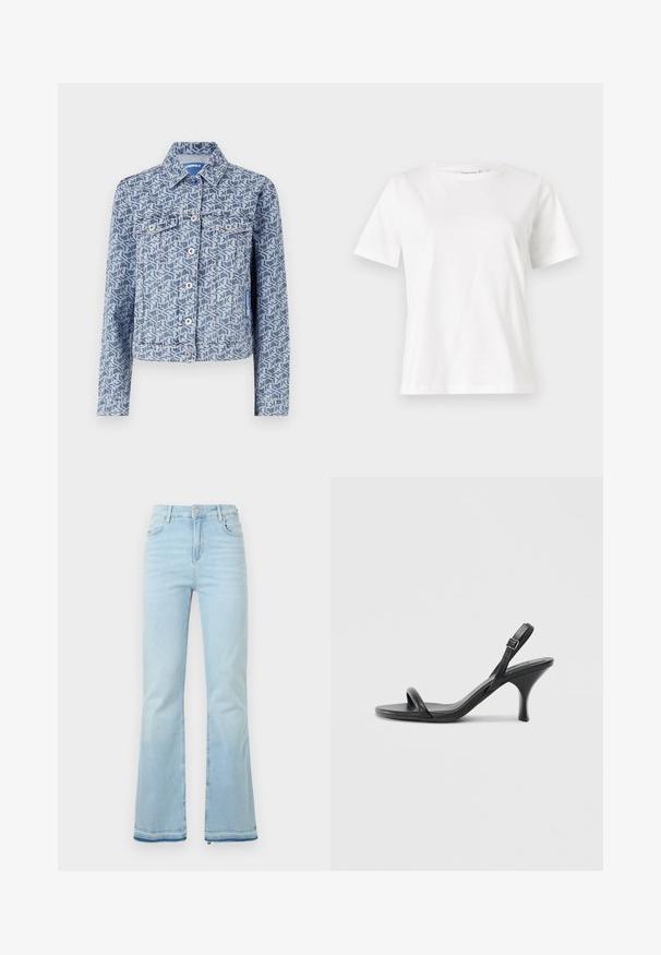 Denim jacket featuring a geometric blue pattern, button front closure, two chest pockets, and a classic collar design.; White cotton t-shirt with short sleeves, round neckline, and a relaxed fit. Smooth texture, no patterns or accents, minimalistic design.; Light blue flared jeans made of denim, featuring a high waist, front pockets, and a raw hem at the cuffs for a casual look.; Black leather high-heeled sandals with a slim, curved heel and a crossed strap design. Adjustable ankle strap. Smooth texture.