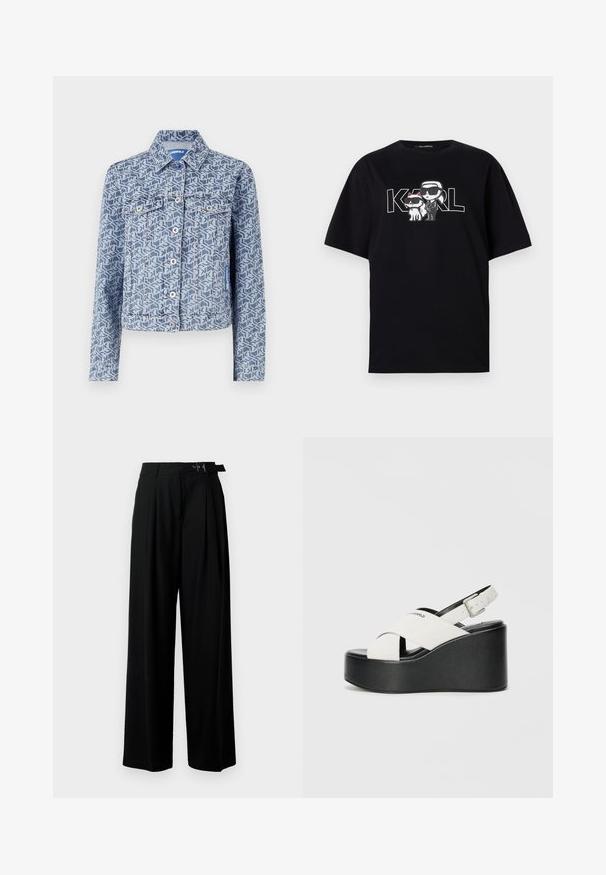 Jeans jakna z geometrijskim modrim vzorcem, zaprta s gumbi spredaj, z dvema žepekoma na prsih in klasičnim ovratnikom.; Črna bombažna majica s grafikonom dveh risanih figur v sončnih očalih, ob spremljavi besedila "KARL" v poglobljenih črkah.; Črne široke hlače z visokim pasom, gubami spredaj in pasom z zaponko. Narejene so iz gladkega, lahkega materiala.; Bele platform sandale z belo podlago, ki imajo črno dno, s prečnimi trakovi in nastavljivim zaponko za gleženj. Gladka tekstura, moderna oblika.