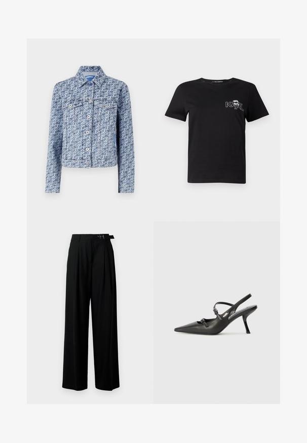Dongerijakke med et geometrisk blått mønster, knappelukking foran, to brystlommer og klassisk krage.; Svart kortermet t-skjorte laget av bomull. Har et hvitt grafisk trykk med teksten "KARL" og en stilisert figur på brystet. Rund hals.; Svarte vide bukser med høy livlinje, folder foran og belte med spenne. Laget av glatt, lett materiale.; Sorte skinn slingback-hæler med spiss tå, slank hæl og dekorativ spenne detalj på vampsiden. Glatt tekstur og stilrent design.