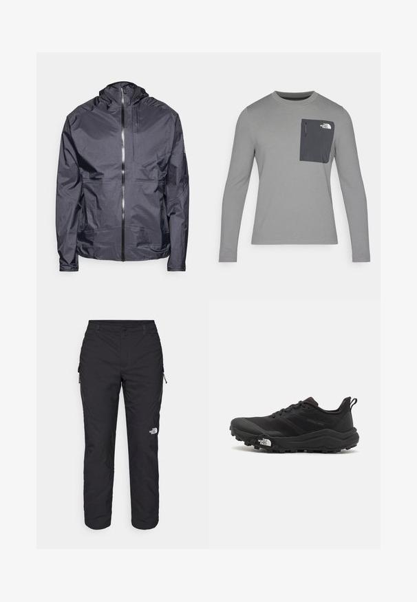 Mørkegrå lett jakke med hette, frontlynlås, minimale sømmer og en enkel brystlomme, laget av glatt, vannavstøtende materiale.; Langermet grå skjorte med strukturert stoff, med en mørk grå brystlomme og glidelås. Logo på lommen i hvitt.; The North Face WINTER EXPLORATION TAPERED CARGO - Friluftsbukser - black; Svart terrengløpesko med teksturert overdel, gummisåle og forsterket tåhette. Har polstret krage og løftestropp for enkel påkledning.