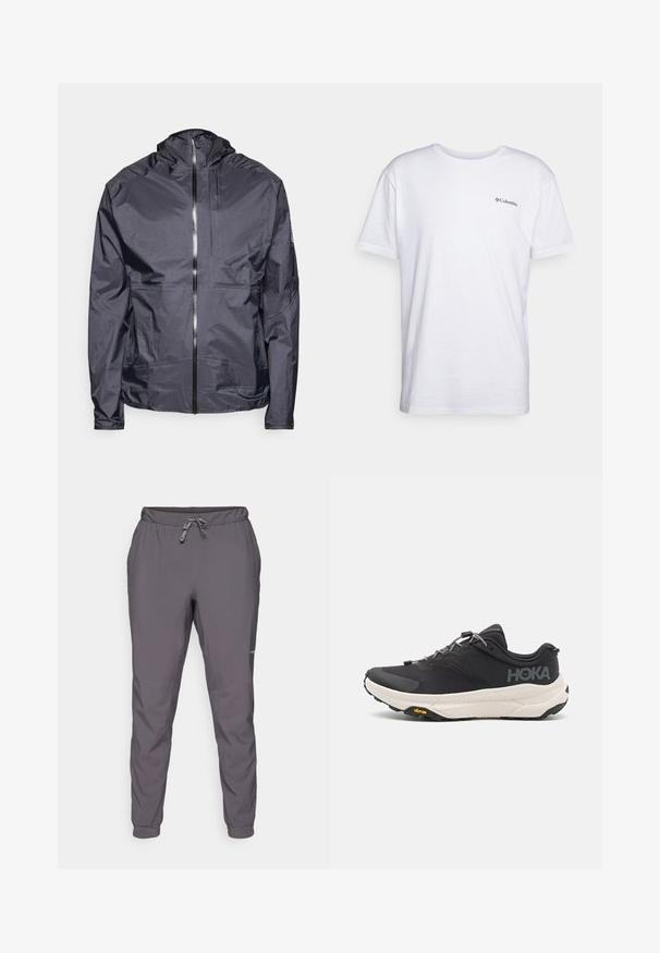 Veste légère grise foncée avec une capuche, fermeture éclair à l'avant, coutures minimales et une poche sur la poitrine, fabriquée en matériau lisse et résistant à l'eau.; T-shirt en coton blanc à manches courtes, col rond et logo noir Columbia imprimé sur la poitrine. Texture lisse.; Pantalons gris légers, à taille élastique avec cordon de serrage réglable ; jambes fuselées ; texture lisse ; comprend un détail de logo sur le côté.; Chaussure de sport noire avec un dessus texturé, accents gris, détails réfléchissants et une semelle blanche épaisse arborant la marque Vibram.