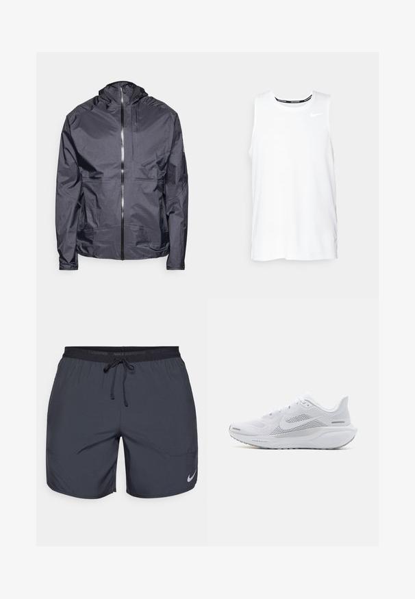Giacca leggera grigio scuro con cappuccio, zip frontale, cuciture minime e una tasca sul petto, realizzata in materiale liscio e resistente all'acqua.; Top da corsa Nike senza maniche di colore bianco, con scollo rotondo, texture liscia e logo Nike nero sulla parte superiore sinistra del petto.; Shorts da corsa Nike di colore grigio scuro, con cintura elastica e cordino, e un accento di logo argento sulla parte inferiore della gamba destra.; Scarpa sportiva bianca con tomaia in rete, sovrapposizioni a trama liscia, accenti grigi, lacci e una suola ammortizzata progettata per le prestazioni.
