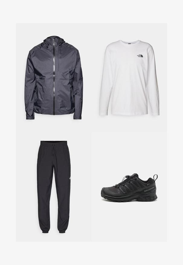 Dunkelgraue, leichte Jacke mit Kapuze, Frontreißverschluss, minimalen Nähten und einer einzelnen Brusttasche, gefertigt aus glattem, wasserabweisendem Material.; Weißes langärmliges T-Shirt aus Baumwolle mit Rundhalsausschnitt. Verfügt über ein kleines schwarzes Logo auf der Brust. Glatte Textur, reguläre Passform.; Schwarze Sporthosen aus leichtem Stoff, mit einem Kordelzugbund, seitlichen Taschen und schmal zulaufenden Bündchen an den Knöcheln.; Schwarzer Sportschuh mit einer strukturierten, synthetischen Oberseite, gepolsterten Sohle und einem schnellen Schnürsystem. Verfügt über eine verstärkte Zehen- und Fersenkappe.