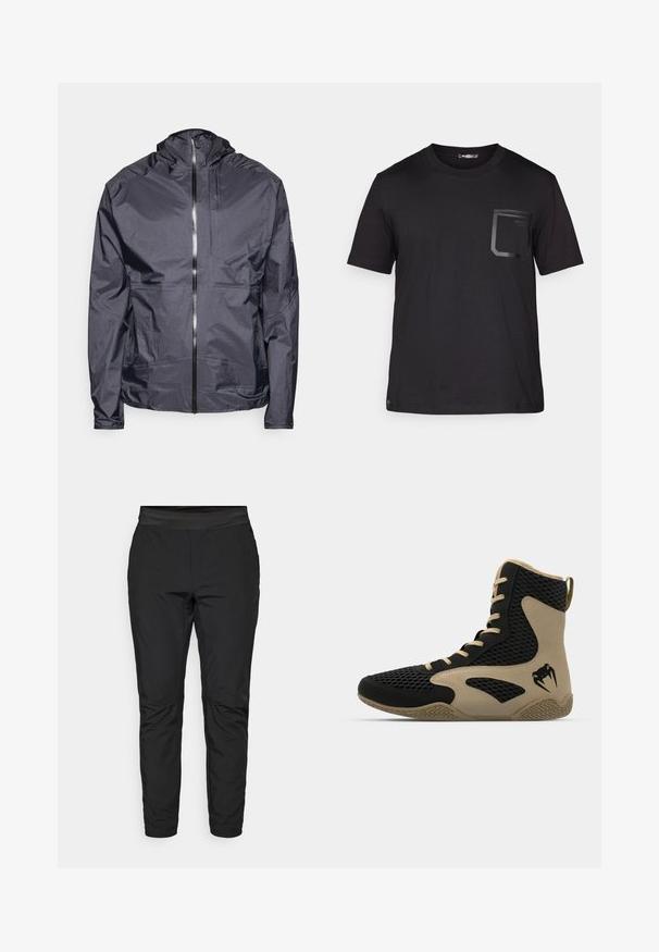 Mørkegrå letvægtsjakke med hætte, frontlynlås, minimale sømme og en enkelt brystlomme, lavet af glat, vandafvisende materiale.; Sort kortærmet t-shirt lavet af bomuld med en subtil tekstur. Har en brystlomme med et rektangulært design og logo-detalje.; Sorte strækbukser med en tætsiddende pasform, elastisk talje og lynlåslommer. Glat tekstur med en let skinnende finish.; Høj-top atletisk sko med en sort mesh-yderside og beige accenter. Tekstureret gummisål og detaljeret logo på siden.