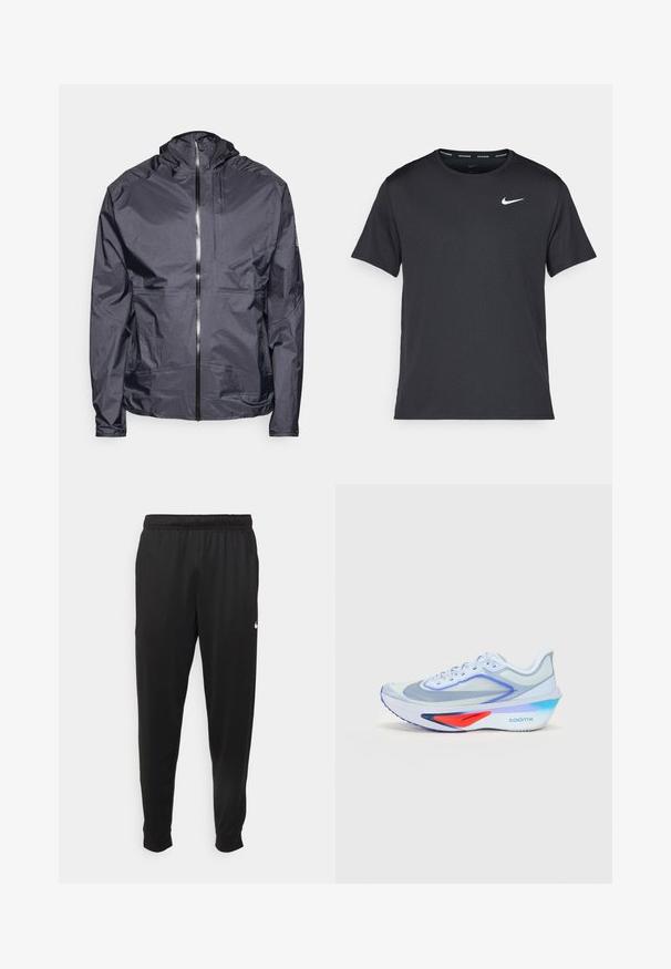 Tmavošedá ľahká bunda s kapucňou, predným zipsom, minimálnymi švami a jednou náprsníkovou vreckom, vyrobená z hladkého, vodeodolného materiálu.; Čierne bežecké tričko Nike vyrobené z ľahkého a priedušného materiálu, s krátkymi rukávmi a malým bielym logom na hrudi.; Čierne športové nohavice z hladkej tkaniny, s elastickým pásom, zužujúcimi sa nohavicami a malým bielym logom na ľavej strane.; Svetlo modrá bežecká topánka s vrchnou časťou z technickej siete, bielymi šnúrkami, purpurovými akcentmi a červeným detailom na medzipodrážke. Má zakrivenú podrážku a logo "ZOOMX".