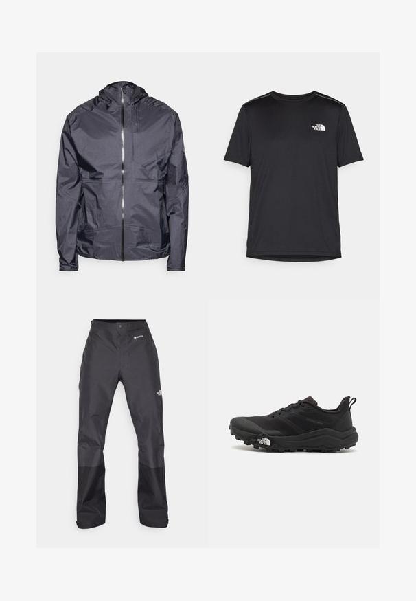Dark gray lightweight jacket with a hood, front zipper, minimal seams, and a single chest pocket, made from smooth, water-resistant material.; Black short-sleeve T-shirt made from lightweight fabric. Features a small white logo on the left chest and subtle shoulder accents.; Black waterproof pants with a smooth texture, featuring a GORE-TEX logo on the front, and reinforced lower legs for durability.; Black trail running shoe with a textured upper, rubber sole, and reinforced toe cap. Features a padded collar and pull tab for easy wear.