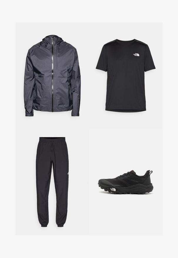 Jachetă ușoară de un gri închis, cu glugă, fermoar frontal, cusături minime și un singur buzunar la piept, fabricată dintr-un material neted, rezistent la apă.; Tricou negru cu mânecă scurtă, realizat dintr-un material ușor. Prezintă un mic logo alb pe pieptul stâng și accente subtile pe umeri.; Pantaloni atletici negri, confecționați dintr-un material ușor, cu un tiv elastic la talie, buzunare laterale și tivuri ajustate la gleznă.; Pantofii de alergare pe teren accidentat, de culoare neagră, cu un superior texturat, talpă din cauciuc și vârf întărit. Prezintă un guler căptușit și o bandă de prindere pentru îmbrăcare ușoară.