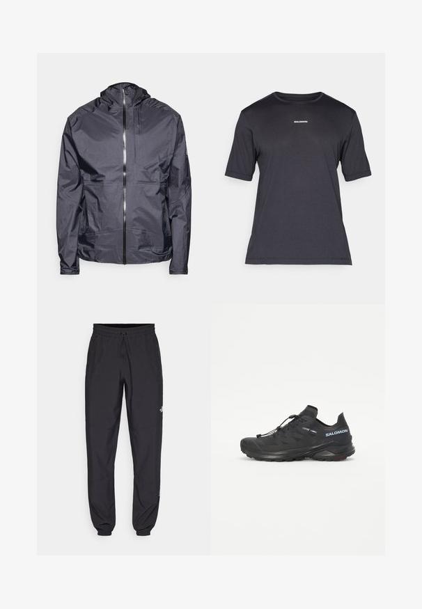 Ciemnoszara, lekka kurtka z kapturem, przednim zamkiem, minimalną ilością szwów i jedną kieszenią na piersi, wykonana z gładkiego, wodoodpornego materiału.; Czarny t-shirt sportowy krótki rękaw z przewiewnego materiału, z okrągłym dekoltem i małym białym logo "SALOMON" na piersi.; Czarne spodenki sportowe wykonane z lekkiego materiału, z elastycznym pasem na sznurek, bocznymi kieszeniami i zwężanymi mankietami przy kostkach.; Czarne buty do biegania w terenie z teksturowaną cholewką, elastycznymi sznurówkami i podeszwą Contagrip. Charakteryzują się dopasowanym krojem oraz ochronną osłoną palców.