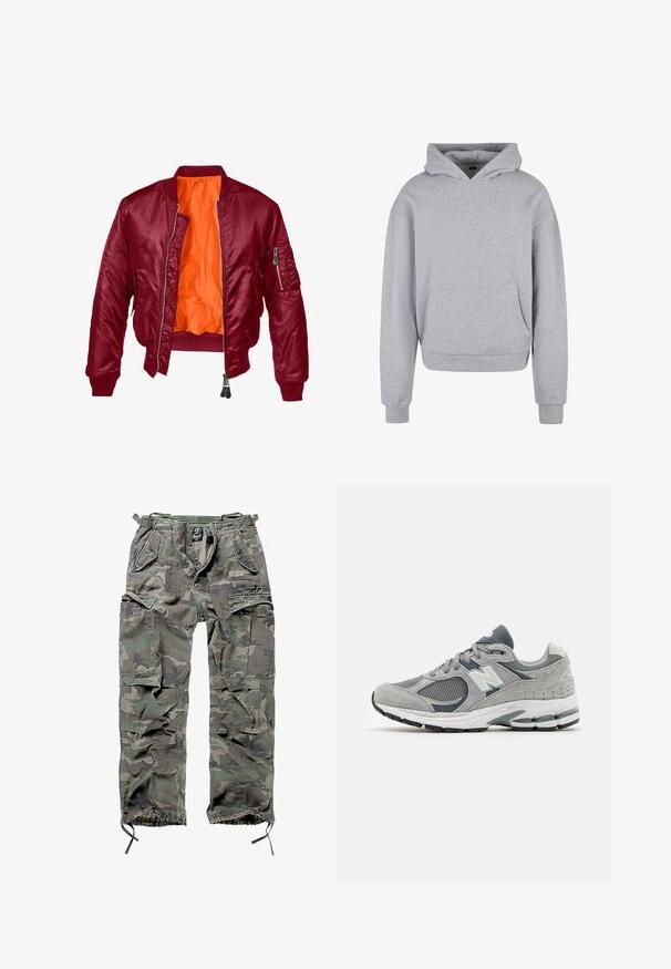 Burgundijas bomber jakas ar rāvējslēdzēju priekšpusē, ribotām aprocēm un oranžu iekšpusi. Iekļauj rāvējslēdzēja kabatu uz kreisā piedurknes. Gluda tekstūra.; Pelēks kokvilnas kapucis ar priekšējo kabatu, savilkšanas kapuci un ribinātiem piedurknēm un apakšmalu. Pazīme ar maigu, teksturētu apdari.; Kamikaze krūšu bikses zaļā un pelēkā krāsā, ar vairākiem kabatām, elastīgu jostasvietu, regulējamiem potīšu galviņām un brīvu piegriezumu.; Pelēkie sporta apavi ar sieta un zamša materiāliem, ar baltu logotipu, mīkstu apkaklīti un tekstūru gumijas zolēm. Akcenti tumšākā pelēkā krāsā.