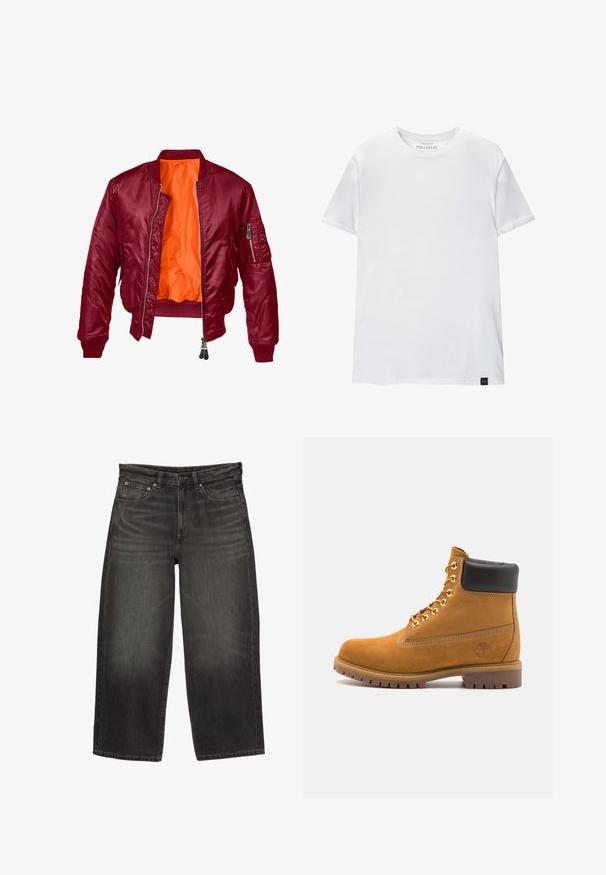 Burgundská bomber bunda se zipem vpředu, úplety na rukávech a oranžovým vnitřkem. Obsahuje zipovou kapsu na levém rukávu. Hladký povrch.; Bílá tričko s těsným střihem vyrobené z bavlny. Kolečkový výstřih, krátké rukávy, hladká textura. Malá černá visačka s logem na lemu. Jednoduchý design.; Černé široké džíny s předními kapsami, poutky na opasek a zapínáním na knoflíček, vykazující jemné vyblednutí a škrábance.; Hnědé semišové kotníkové boty s černým polstrovaným límcem, zlatými kovovými očky, bílým prošíváním a odolnou gumovou podrážkou s výraznými drážkami.
