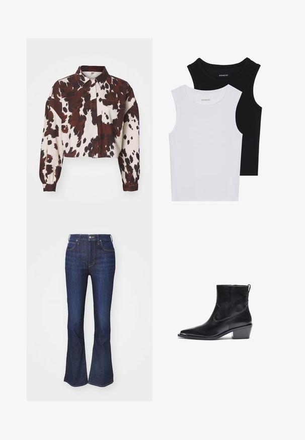 Maglietta corta color crema con audaci macchie astratte marroni e nere. Presenta un colletto e una tasca sul petto. Tessuto testurizzato.; Due magliette senza maniche, in bianco e nero, realizzate in cotone a coste, con colli rotondi e un design aderente. Etichette visibili su entrambe.; Jeans in denim scuro con un design a gamba ampia, dotati di chiusura frontale con bottone e zip, e stile a cinque tasche con cuciture a contrasto.; Stivale alla caviglia in pelle nera con punta affusolata e tacco basso a blocco. Presenta una cerniera laterale e dettagli di cucitura minimali per un design elegante.
