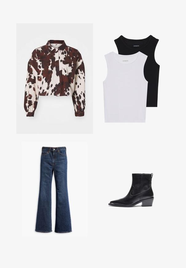 Kuttet skjorte i kremfarge med sterke brune og svarte abstrakte flekker. Har en krage og en enkelt brystlomme. Strukturert stoff.; To skjortetopper uten ermer i svart og hvitt, laget av ribbestrikket bomull, med rund hals og en tettsittende design. Merker synlige på begge.; Høytlivete mørkeblå denimjeans med utvidede ben, frontlås med knapp og glidelås, og fem-lommers design.; Sorte skinn ankelstøvler med spiss tå og lav blokkhæl. Har en glidelås på siden og minimale sømdetaljer for et slankt design.