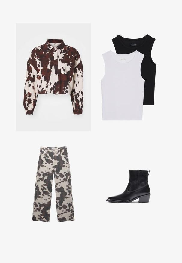 Gekürztes Shirt in Creme mit auffälligen braunen und schwarzen abstrakten Flecken. Verfügt über einen kragenförmigen Ausschnitt und eine einzelne Brusttasche. Strukturierter Stoff.; Zwei ärmellose Oberteile in Schwarz und Weiß, aus geripptem Baumwollstoff, mit runden Ausschnitten und einem taillierten Design. Etiketten auf beiden sichtbar.; Beigeweite-Leg-Jeans mit einem braunen Kuhfleckenmuster. Mit Knopfverschluss und fünf Taschen. Aus Denim-Stoff gefertigt.; Schwarzer Leder-Ankle-Boot mit spitzer Zehe und niedrigem Blockabsatz. Mit einem Seitenreißverschluss und minimalen Nähdetails für ein elegantes Design.