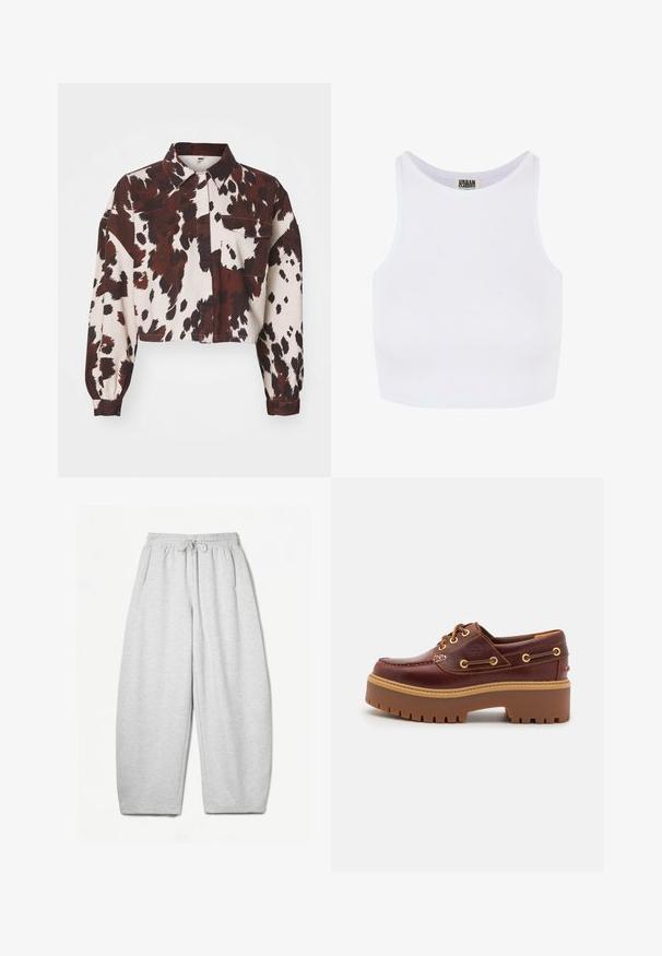 Krótkie, kremowe bluzki z wyrazistymi abstrakcyjnymi plamami w brązowym i czarnym kolorze. Posiada kołnierzyk i jedną kieszeń na piersi. Teksturowany materiał.; Biały prążkowany krótki top na ramiączkach z szerokimi paskami i okrągłym dekoltem. Posiada miękką teksturę i minimalistyczny design bez wzorów.; Jasnoszare dresy o luźnym kroju, z elastycznym pasem, sznurkiem i bocznymi kieszeniami; wykonane z miękkiego, teksturowanego materiału.; Brązowe skórzane buty typu boat shoe z grubą brązową gumową podeszwą, złotymi oczkami i kontrastowym szwem. Posiadają logo na boku.