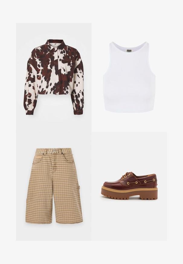 Kratka majica u krem boji s izraženim smeškim i crnim apstraktnim mrljama. Ima ovratnik i jedan džep na grudima. Teksturirana tkanina.; Bijela rebrasta kratka majica bez rukava s širokim naramenicama i okruglim izrezom. Ima mekanu teksturu i minimalistički dizajn bez uzoraka.; BDG Urban Outfitters CHECK NICOLA JORT - Kratke hlače - beige; Smeđe kožne brodske cipele s debelim smešnim gumom, zlatnim rupama za vezivanje i kontrastnim šavovima. Ima logo sa strane.