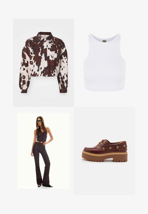 Korte skjorte i gør med markante brune og sorte abstrakte pletter. Har en krave og en enkelt brystlomme. Struktureret stof.; Hvid ribbet cropped tanktop med brede skulderstropper og en rund udskæring. Har en blød tekstur og et minimalistisk design uden mønstre.; Brun stribet cropped vest og flagrende bukser med knapper og et tekstureret stof. Sorte åbentåede sko og overdimensionerede solbriller.; Brune læder bådsko med en kraftig brun gummisål, gyldne snørehuller og kontraststing. Har et logo på siden.