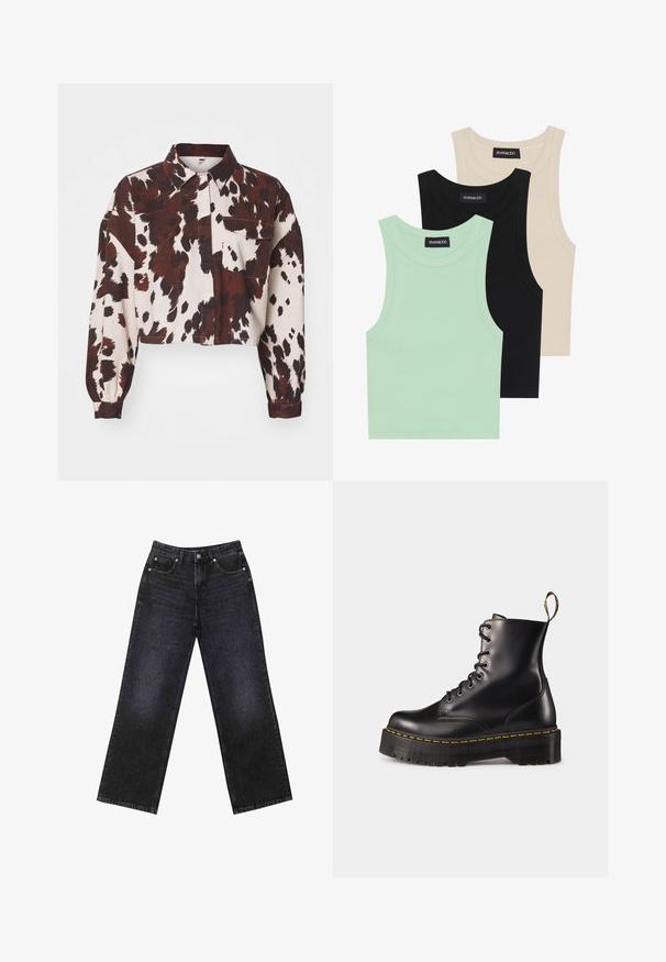 Cropped shirt in cream with bold brown and black abstract spots. Features a collared neckline and a single chest pocket. Textured fabric.; Three tank tops in mint green, black, and beige; made of ribbed fabric with a round neckline and no sleeves. Brand label visible.; High-waisted black denim jeans with a wide-leg cut, five-pocket design, and visible stitching. Fabric has a smooth, slightly textured finish.; Black leather lace-up ankle boots with a chunky black sole and yellow stitching. Features a pull tab at the back and circular metal eyelets.