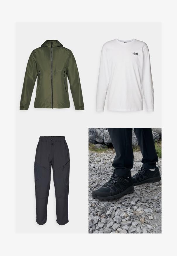 Olijfgroene jas met een rits aan de voorkant en een capuchon, met twee zijzakken en verstelbare manchetten. Gemaakt van soepel, lichtgewicht materiaal.; Witte lange mouwen T-shirt gemaakt van katoen met een ronde hals. Beschikt over een klein zwart logo op de borst. Soepele textuur, normale pasvorm.; Zwarte cargo pants gemaakt van een lichtgewicht, waterafstotend materiaal; voorzien van een elastische tailleband, meerdere met rits gesloten zakken en taps toelopende pijpen.; Zwarte buitenschoenen van mesh en synthetisch materiaal, met een gestructureerd bovenwerk, een beveiligd vetersysteem en een robuuste zool, op een ruig terrein.