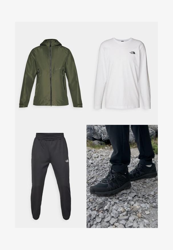 Giacca verde oliva con zip frontale e cappuccio, dotata di due tasche laterali e polsini regolabili. Realizzata in materiale leggero e morbido.; T-shirt bianco a maniche lunghe in cotone con colletto rotondo. Presenta un piccolo logo nero sul petto. Texture liscia, vestibilità regolare.; Pantaloni sportivi neri con vita regolabile tramitecordino, vestibilità affusolata, polsini elasticizzati e un piccolo logo bianco sulla coscia sinistra, realizzati in tessuto morbido.; Scarpe da esterni nere realizzate in mesh e materiale sintetico, con una parte superiore testurizzata, un sistema di allacciatura sicuro e una suola robusta, su terreno roccioso.