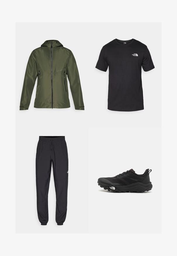 Olive green jacket with a zippered front and hood, featuring two side pockets and adjustable cuffs. Made of smooth, lightweight material.; Black short-sleeve t-shirt made of cotton, featuring a round neckline and a small white logo on the upper left chest area.; Black athletic pants made from lightweight fabric, featuring a drawstring waistband, side pockets, and tapered cuffs at the ankles.; Black trail running shoe with a textured upper, rubber sole, and reinforced toe cap. Features a padded collar and pull tab for easy wear.