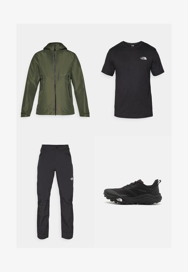 Veste vert olive avec fermeture éclair à l'avant et capuche, dotée de deux poches latérales et de manches ajustables. Fabriquée en matériau lisse et léger.; T-shirt noir à manches courtes en coton, avec un col rond et un petit logo blanc sur le côté supérieur gauche de la poitrine.; Pantalons d'extérieur noirs en matière synthétique avec une poche avant zippée, jambes fuselées et panneaux de genoux renforcés. Comprend une fermeture à bouton.; Chaussure de trail running noire avec une tige texturée, semelle en caoutchouc et bout renforcé. Présente un col rembourré et une tirette pour un enfilage facile.