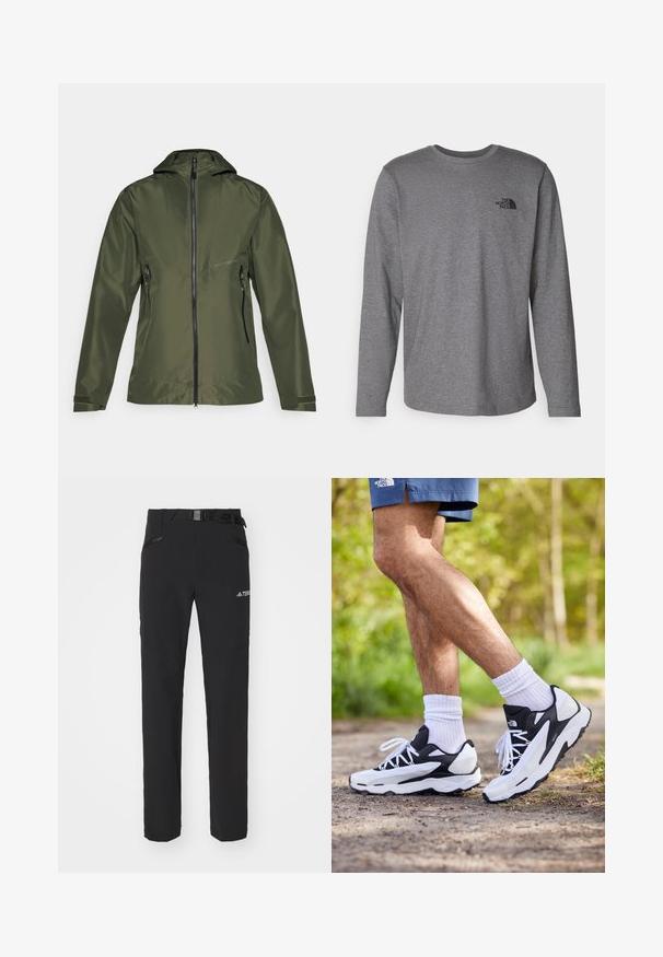 Olijfgroene jas met een rits aan de voorkant en een capuchon, met twee zijzakken en verstelbare manchetten. Gemaakt van soepel, lichtgewicht materiaal.; The North Face M L/S SIMPLE DOME TEE - Longsleeve - medium grey heather; Zwarte outdoorbroeken van gladde stof, met zijzakken met rits, verstevigde knieën en een verstelbare tailleband met een gesp.; Zwart-witte sportschoenen met een mesh bovenkant, tekstuuraccenten en witte veters. Draag gedragen met witte enkelsokken en marineblauwe shorts op een pad.