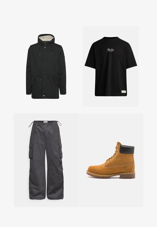 Parka nera con foderatura interna soffice, cappuccio regolabile con coulisse, due tasche frontali e chiusura a bottoni a pressione.; T-shirt nera a maniche corte in cotone. Presenta un piccolo logo bianco sul petto e un'etichetta rettangolare in basso a destra.; Pantaloni cargo grigi con un tessuto texturizzato, vita elastica, cordino e dettagli con tasche laterali. Vestibilità ampia con gambe larghe.; Stivale alla caviglia in suede tan con collare imbottito nero, occhielli in metallo dorato, dettagli in cucitura bianca e suola in gomma robusta con battistrada pronunciato.