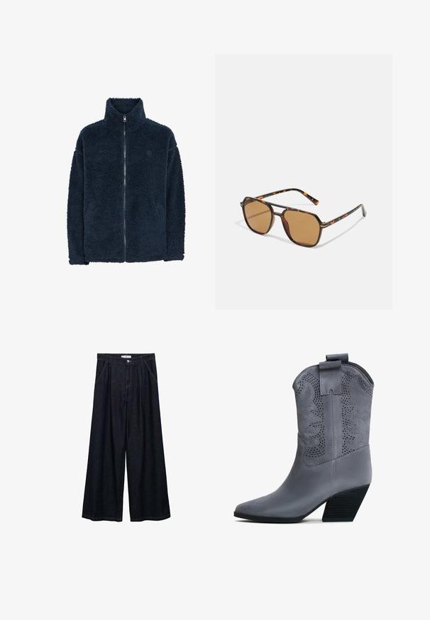 Marineblauwe fleecejas met een hoge kraag, lange mouwen en een volledige rits aan de voorkant; zacht van textuur en subtiel logo op de borst.; Bruine trui met horizontale strepen in geel en blauw. Gemaakt van zachte, donzige stof met een ronde hals en lange mouwen.; Donkerdenim wijde-broek met een hoge taille, voorzien van een sluiting met knoop aan de voorkant, twee zijzakken en stikdetails.; Grijze faux suède cowboylaars met een puntige neus, decoratieve uitsparingen en een gestapeld hak. Voorzien van een aantrekriem voor eenvoudig aan- en uittrekken.; Bruine zonnebril met een schildpadframe, rechthoekige lenzen en slanke armen met een oranje accentpatroon.
