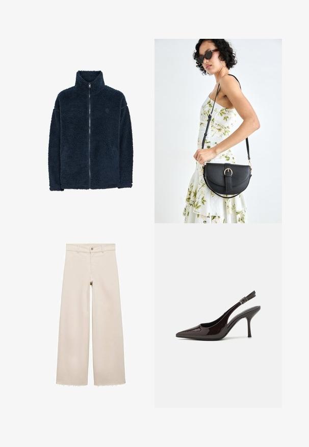 Giacca in pile blu marino con colletto alto, maniche lunghe e zip frontale completa; texture morbida e logo discreto sul petto.; Maglione blu navy lavorato a maglia con scollatura rotonda, maniche lunghe e polsini e orlo a coste. Texture morbida, vestibilità rilassata, design minimal.; Jeans beige a gamba larga con vita alta, dotati di chiusura a pulsante, tasche frontali e orlo sfrangiato. Realizzati in tessuto denim.; Scarpa con tacco alto tipo slingback in pelle verniciata marrone scuro lucido, punta affusolata, lati aperti e cinturino alla caviglia regolabile.; Borsa a tracolla nera in pelle con una forma curva, manico rimovibile e accessori dorati. La borsa presenta una patta con un dettaglio a fibbia.