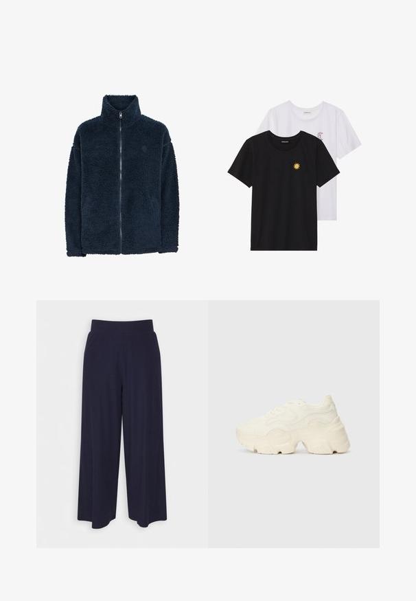 Sötétkék fleece dzseki magas gallérral, hosszú ujjal és teljes előlappal; puha tapintású és diszkrét logóval a mellrészen.; Fekete és fehér T-shirtok, kerek nyakkivágással, rövid ujjakkal. A fekete pólón sárga nap hímzés található; a fehér póló lila félhold díszítéssel rendelkezik.; Sötét kék anyagból készült, széles lábú nadrág, bordás textúrával. Simább derékrésszel és laza szabással rendelkezik, a vádli közepéig ér.; Tömbös fehér sneakers, amely texturált hálóból és szintetikus anyagokból készült, vastag talppal és bonyolult mintázattal az oldalakon.